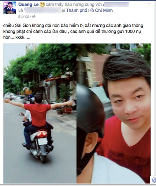 Sốc: Quang Lê khoe ảnh không đội nón bảo hiểm vẫn được CSGT 