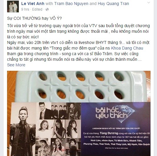 Sau Tuấn Hưng, Lê Việt Anh bức xúc với BTC Bài hát yêu thích.