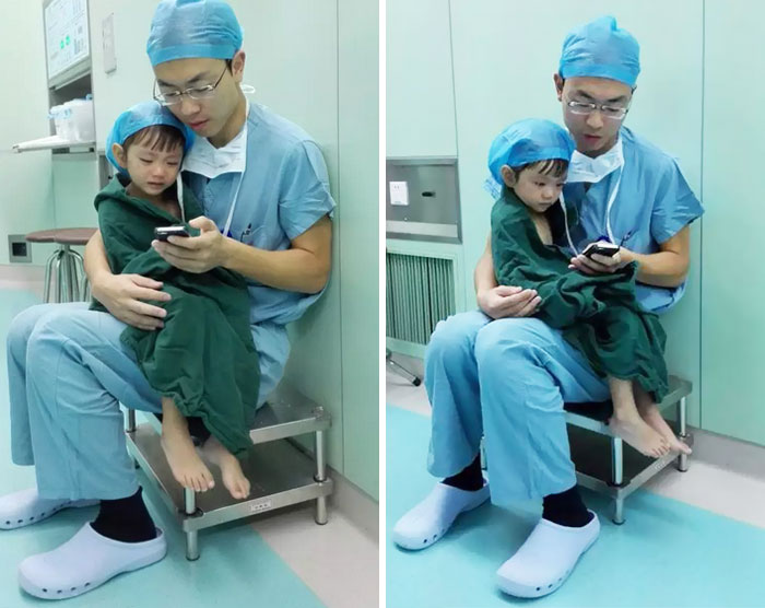 Cảm động hình ảnh bác sỹ dỗ bé nín khóc trước ca phẫu thuật
