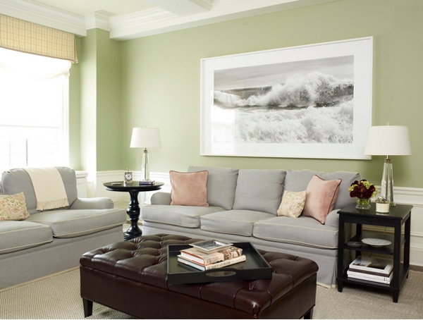 Trang trí phòng khách đẹp với màu xanh lá và sắc xám