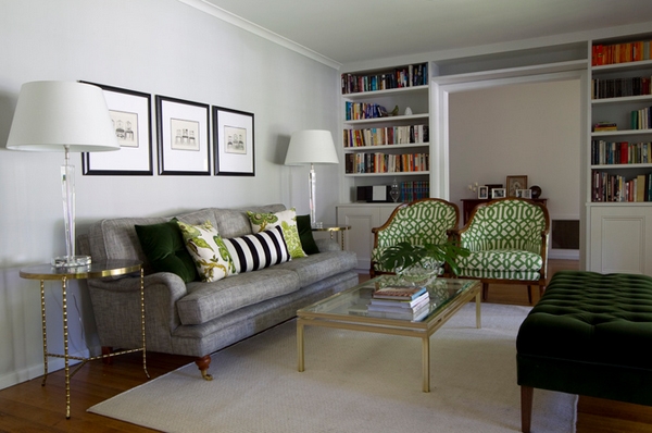 Trang trí phòng khách đẹp với màu xanh lá và sắc xám