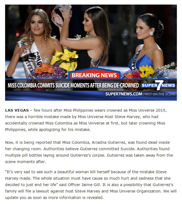 Miss Universe 2015: Phạm Hương bị gạch tên khỏi Top 15 - Miss Colombia tự sát?