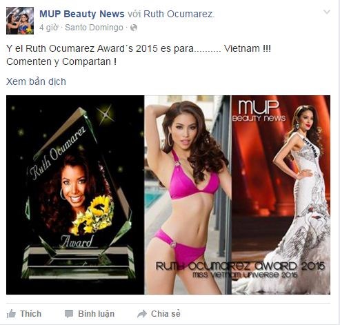 Phạm Hương bất ngờ được trao giải Ruth Ocumárez sau Miss Universe 2015