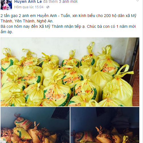Bà Tưng – Huyền Anh tặng 2 tấn gạo cho người nghèo tại quê nhà