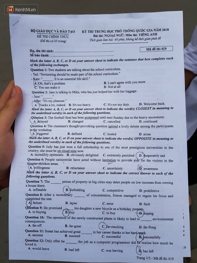 Đề tiếng Anh thi THPT Quốc gia 2018: Nội dung dài, nhiều câu rất khó
