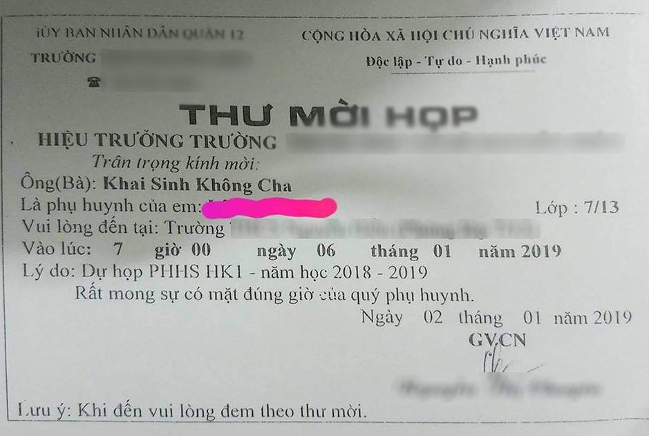 Choáng váng thư mời ông/bà “Khai sinh không cha” đến họp phụ huynh