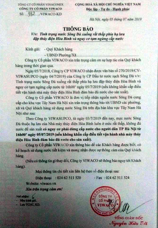 Nhiều nơi tại Hà Nội có nguy cơ mất nước sạch do mực nước sông Đà xuống thấp