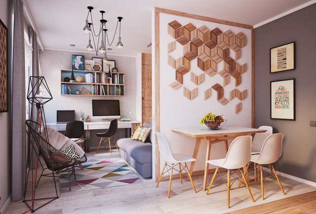Căn hộ hình vuông với diện tích 40m² nhưng không hề bị giới hạn không gian do áp dụng phương pháp này trong thiết kế