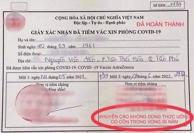 Thực hư 'Khuyến cáo không dùng thức uống có cồn trong 50 năm' sau tiêm vắc-xin Covid-19