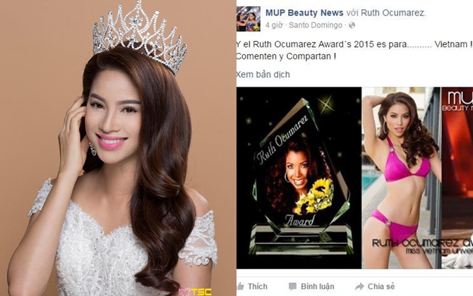 Phạm Hương được trao giải Ruth Ocumárez sau Miss Universe 2015