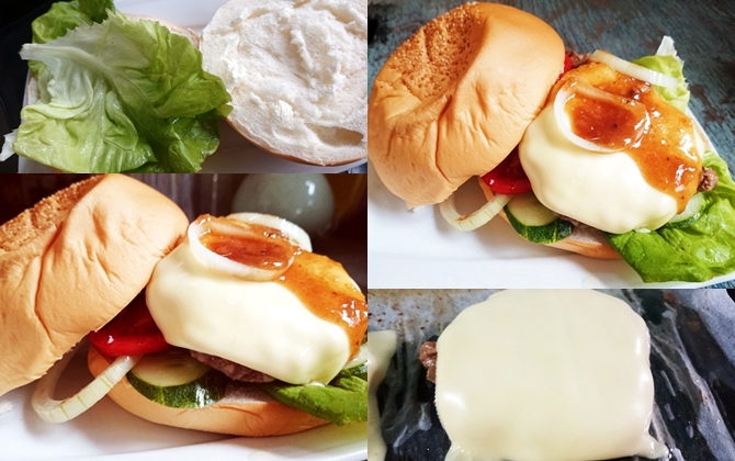 Bữa sáng làm burger kẹp thịt viên phô mai ngon lành