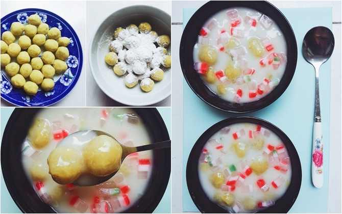 Chè khoai lang bi nước cốt dừa và trân châu hoa quả