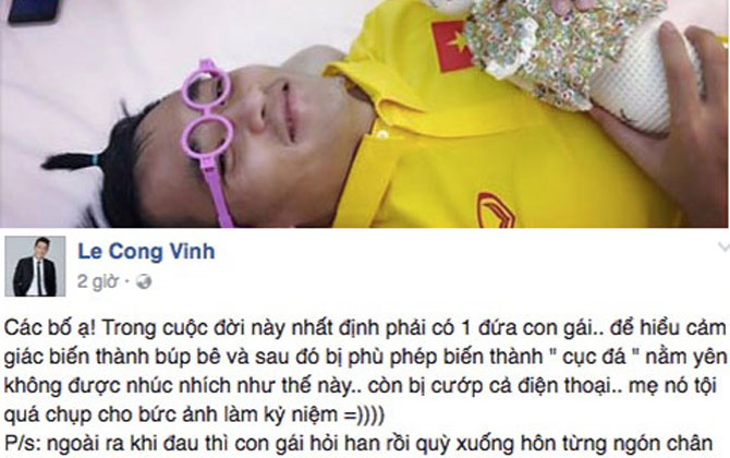 Công Vinh buộc tóc, đeo kính hồng, đăng status "đời này nhất định phải có một đứa con gái"