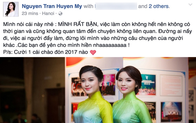 Sau khi bị nghi vấn đứng sau vụ Kỳ Duyên, Huyền My đăng trên Facebook: "Tôi rất bận"