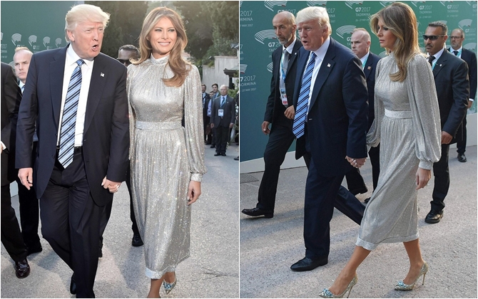 Vừa diện áo 1 tỷ, bà Melania Trump lại đặt may váy hơn 900 triệu để đi công du cùng chồng