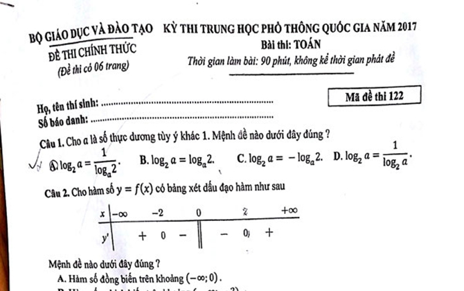 Đáp án môn Toán mã đề 122 tốt nghiệp THPT quốc gia năm 2017