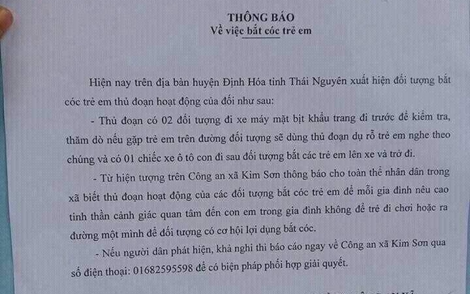 Thái Nguyên: Thực hư chiêu dụ dỗ trẻ em rồi bắt cóc đưa lên xe ô tô, công an phải ra thông báo