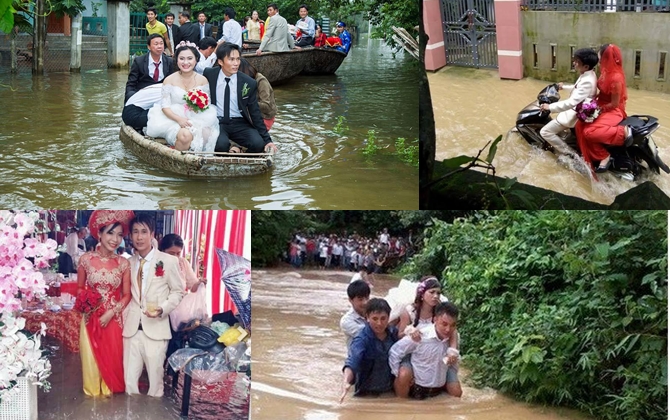 Bi hài đám cưới ngày mưa bão: dùng thuyền rước dâu, cưới trong nhà sập, co chân lên bàn ăn cỗ...