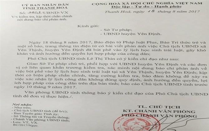 Bút phê lạ vào lý lịch ở Thanh Hóa: UBND tỉnh Thanh Hóa chỉ đạo vụ việc, khẩn trương kiểm tra