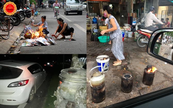 Hà Nội: Mặc nguy hiểm rình rập, người dân mang cả 3 bếp than cháy rực ra sát đường phố