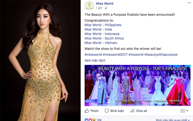 Thêm tin vui từ Miss World 2017: Đại diện Việt Nam - Đỗ Mỹ Linh xuất sắc lọt Top 5 Hoa hậu Nhân ái