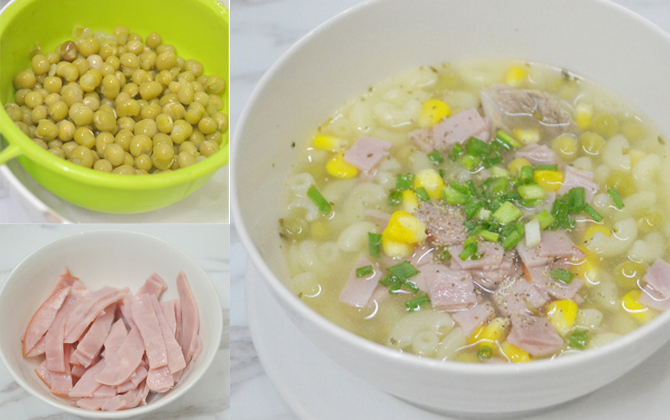 Bữa ăn sáng đầy dinh dưỡng với nui thịt jambon và đậu hà lan