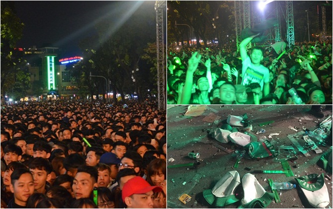 Hàng ngàn người đổ về hồ Hoàn Kiếm đón năm mới: Tiệc vừa tàn thì đường ngập rác