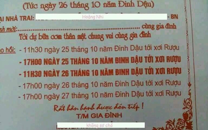 Choáng với thiệp mời cưới ăn cỗ và xơi rượu 3 ngày liền ở Bắc Ninh