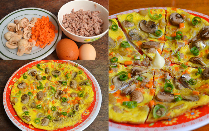 Chỉ bằng chảo chống dính, 15 phút có ngay bánh Pizza trứng thập cẩm ngon mê tơi, bạn có muốn thử không?