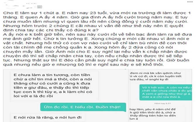 Cô gái quyết hủy hôn vì chồng sắp cưới tuyên bố cưới về không bao giờ giao tiền cho vợ mà đưa mẹ giữ hộ hết