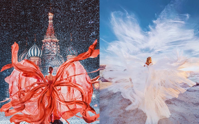 Mê mẩn cô gái đi khắp thế giới để chụp bộ ảnh váy áo lộng lẫy