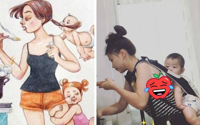 Tranh vẽ 'đầu bù tóc rối' chăm 2 con không còn là hình minh họa, gặp bà mẹ trẻ chụp ảnh chứng minh điều này là sự thật 100%