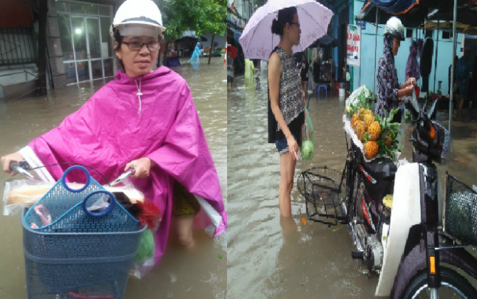 Hà Nội ngập nhiều tuyến phố, bà nội trợ bì bõm lội nước đi chợ ngày cuối tuần