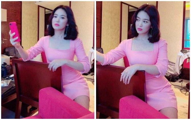 Song Hye Kyo thích thú selfie khi dự tiệc ở Hong Kong