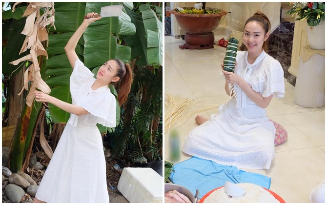 Minh Hằng vác dao chặt chuối để làm bánh tét ăn Tết mà cằm cô còn nhọn hơn dao