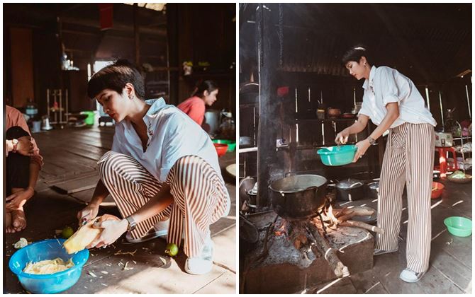 Hoa hậu H'Hen Niê nấu nướng, rửa bát khi về thăm nhà ở Đắk Lắk