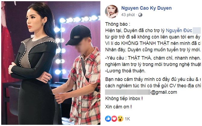 Lên Facebook thông báo đuổi việc trợ lý, Kỳ Duyên bị dân mạng lên án: 'Hãy cho người khác một đường lui'