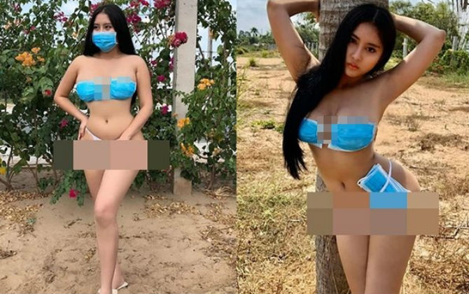 Lấy khẩu trang làm bikini che vòng 1 lẫn vòng 3 giữa đại dịch corona, mẫu nữ gốc An Giang bị chỉ trích gay gắt