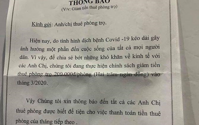 Giữa nỗi lo Covid-19, chủ nhà trọ "có tâm nhất Vịnh Bắc Bộ" thông báo điều bất ngờ, cư dân mạng khen nức nở