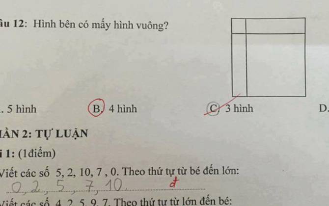 Bài toán đếm số hình vuông tưởng dễ, học sinh chọn đáp án mà cô vẫn gạch, nhiều người tranh cãi ầm ĩ