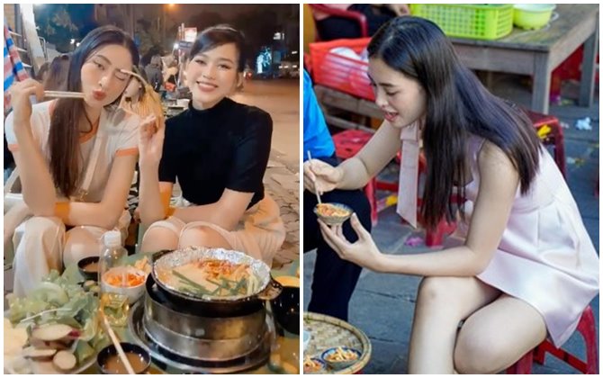 Khi hoa hậu đi ăn vỉa hè: Đỗ Hà - Lương Thùy Linh lái xe tay ga đi ăn đồ nướng, Tiểu Vy lúng túng vì váy ngắn