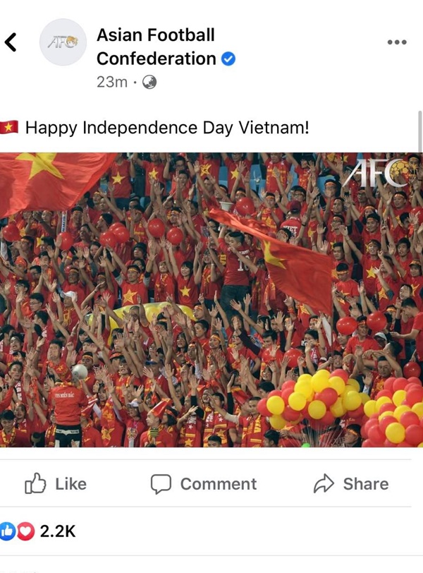 Fanpage Liên đoàn Bóng đá châu Á AFC chúc mừng Quốc khánh, CĐV khắp thế giới gửi loạt lời 'ấm lòng' tới tuyển Việt Nam