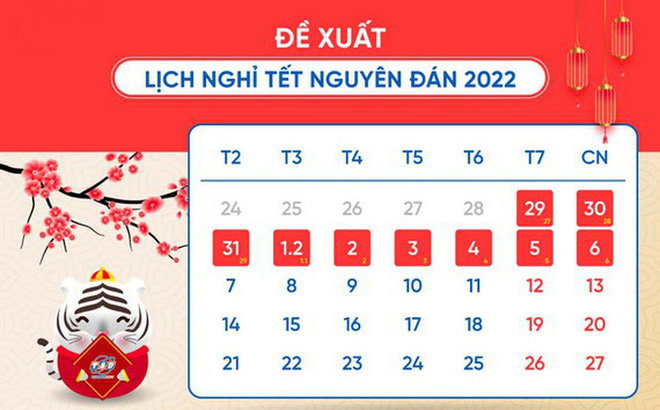 Chốt lịch nghỉ Tết Nguyên Đán Nhâm Dần 2022:  Từ ngày 31/1/2022 đến hết ngày 4/2/2022.