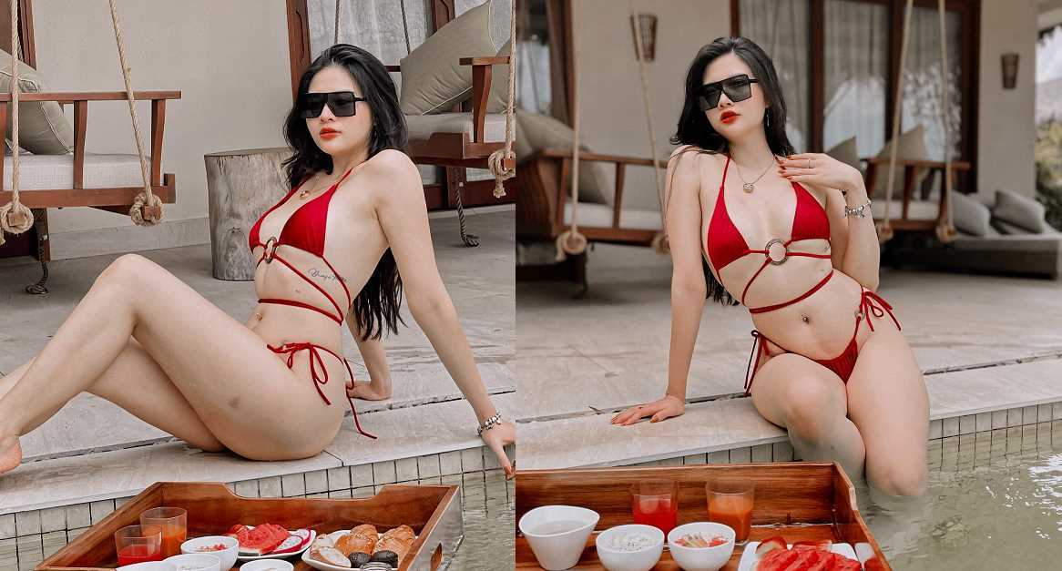 Hoa hậu Phan Hoàng Thu phô diện trọn vẹn đường cong chữ S với bikini dây đỏ rực