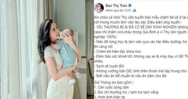 Bảo Thy đăng tuyển bảo mẫu, yêu cầu khắt khe đến mức CĐM chỉ có thể thốt lên 'Lương 50 triệu/tháng mới xứng'