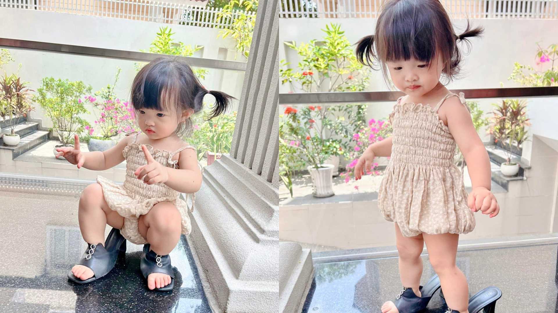 Con gái Đông Nhi mang giày cao gót, tập tành đi catwalk cực dễ thương
