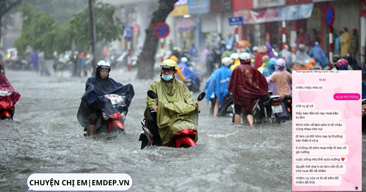 Trời mưa, đi làm ướt lướt thướt, người vợ ấm lòng khi nhận được tin nhắn từ chồng