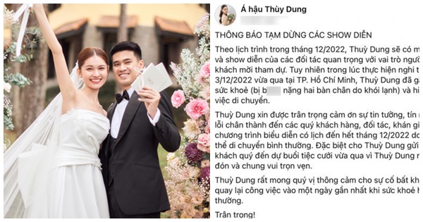 Mới cưới, Á hậu Thùy Dung phải hủy mọi lịch trình, nghe lý do mới bất ngờ