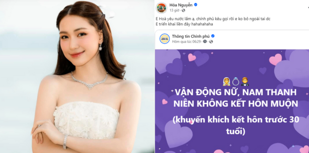 Hòa Minzy hưởng ứng nhanh lẹ trước khuyến khích thanh niên kết hôn trước 30 tuổi của Chính Phủ