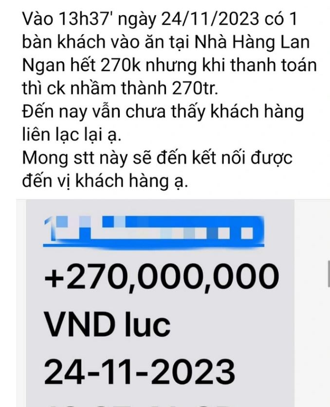 Ăn cơm trưa hết 270.000 đồng chuyển khoản nhầm 270 triệu đồng, chủ quán đăng lên mạng tìm thực khách